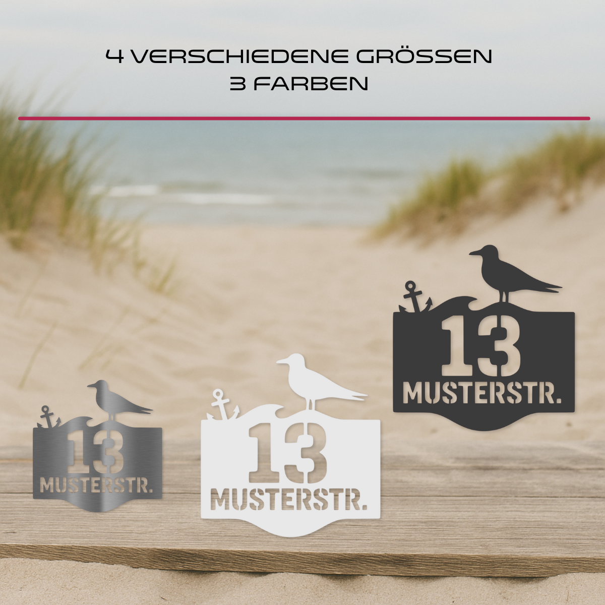 Vergleichsbild maritimes Hausnummernschild mit Möwe, Anker und Welle – erhältlich in V2A Edelstahl, Weiß oder Anthrazit – in vier Größen für individuelle Hausgestaltung